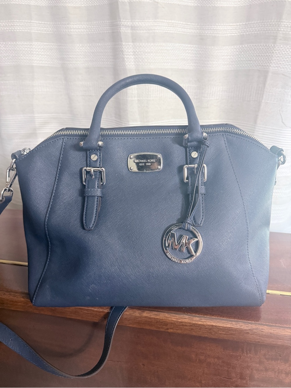 Michael Kors Navy Saffiano Leather Dome Satchel with MK Charm
